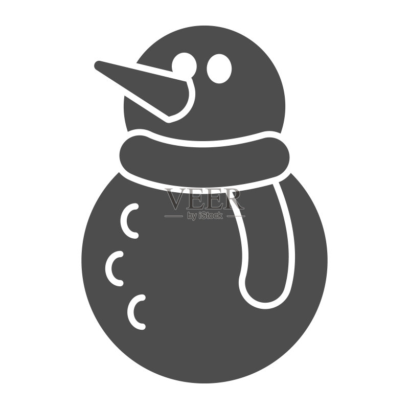 雪人实体图标,圣诞节和新年概念,戴围巾的雪人,白色背景上的胡萝卜标志,移动概念和网页设计的冬季乐趣字形风格图标。矢量图形。图标素材