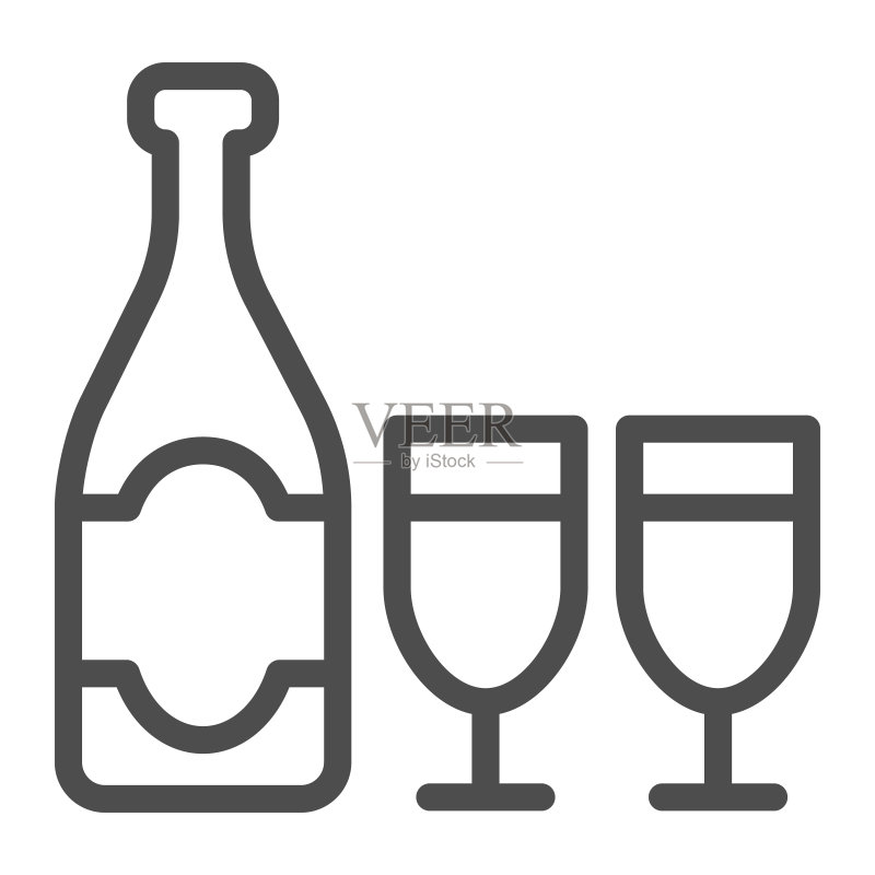 香槟酒瓶和酒杯线条图标,圣诞新年概念,两杯气泡酒在白色背景上的标志,轮廓风格的节日酒精饮料矢量图形。图标素材