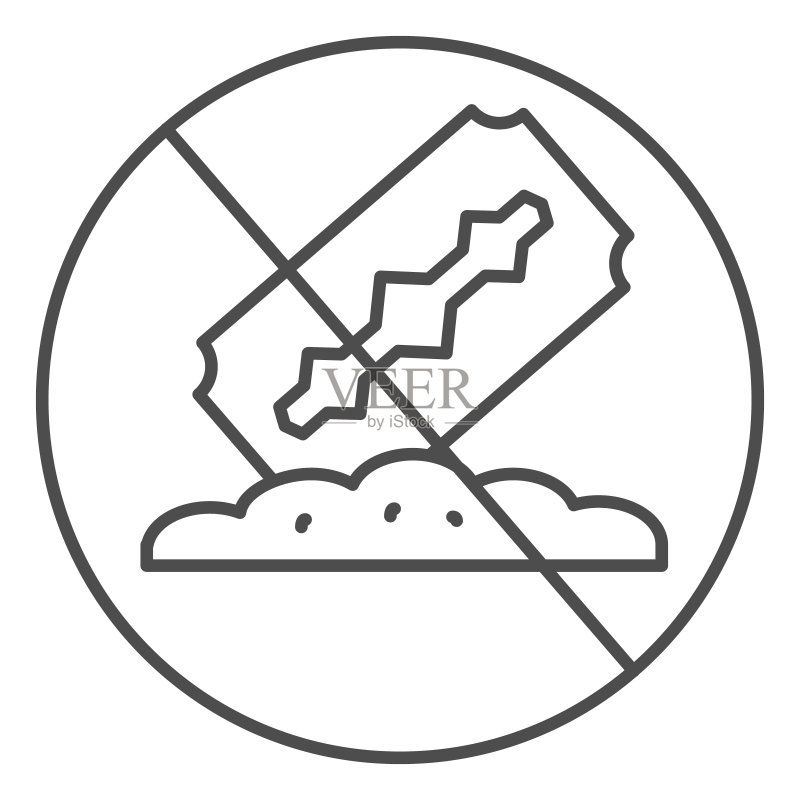 禁止吸毒细线图标,远离毒品概念,白色背景上的反可卡因标志,剃须刀片和粉末轮廓样式图标,适用于移动概念和网页设计。矢量图形。图标素材