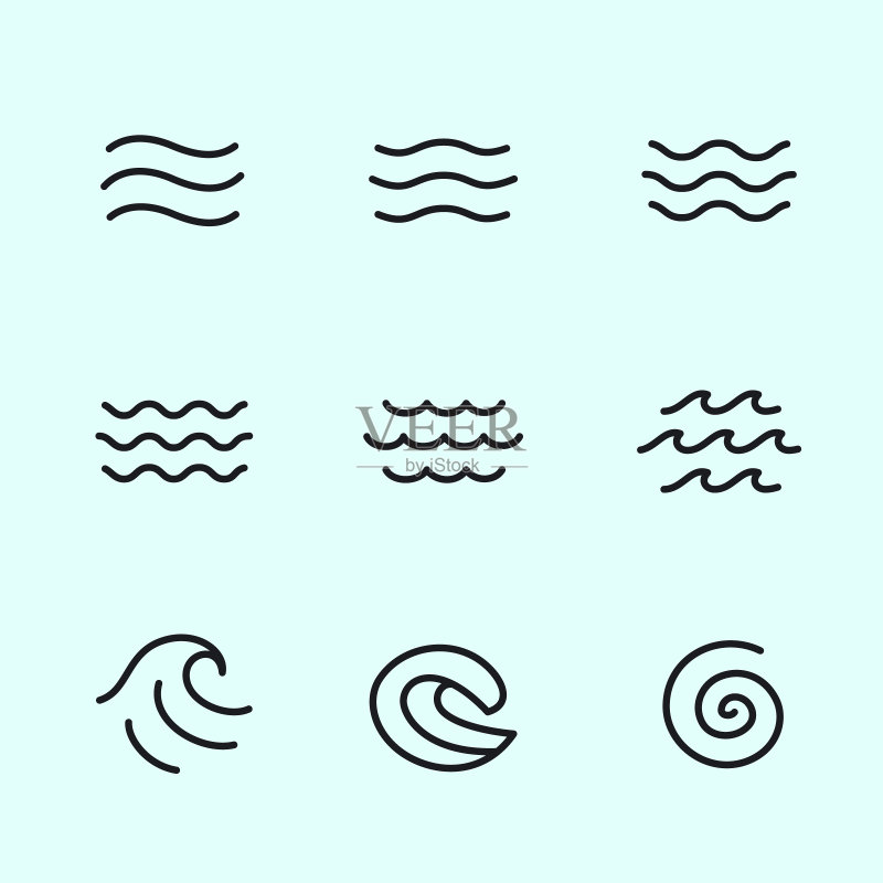 海洋海浪矢量扁平线条图标符号集图标素材