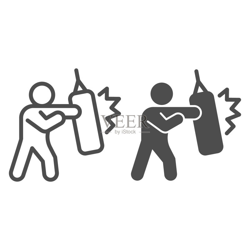 带线条和实心图标的拳击手与沙袋,自卫概念,白色背景上的运动员标志,男人正在训练打击图标的轮廓风格的移动概念和网页设计。矢量图形。图标素材