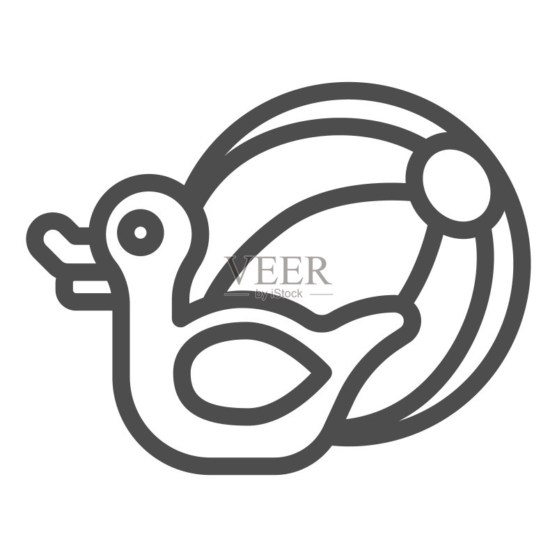 橡皮鸭和沙滩球线性图标,水上乐园概念,白色背景上的沙滩玩具标志,用于移动和网页设计的泳池玩具球和橡皮鸭轮廓样式图标。矢量图形。图标素材