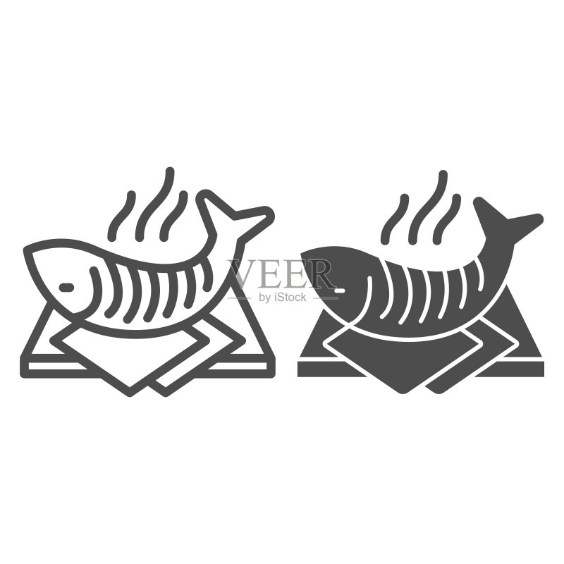 砧板上的热鱼线条和实体图标:白色背景上的热烤鱼海鲜概念,移动和网络适用的砧板鱼轮廓样式图标矢量图形图标素材