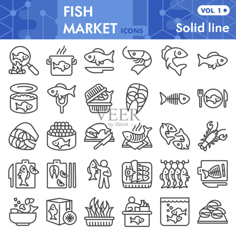 海鲜市场线性图标集,海产品符号合集,用于网页和APP的渔业线性风格标志。矢量图形,白色背景。图标素材