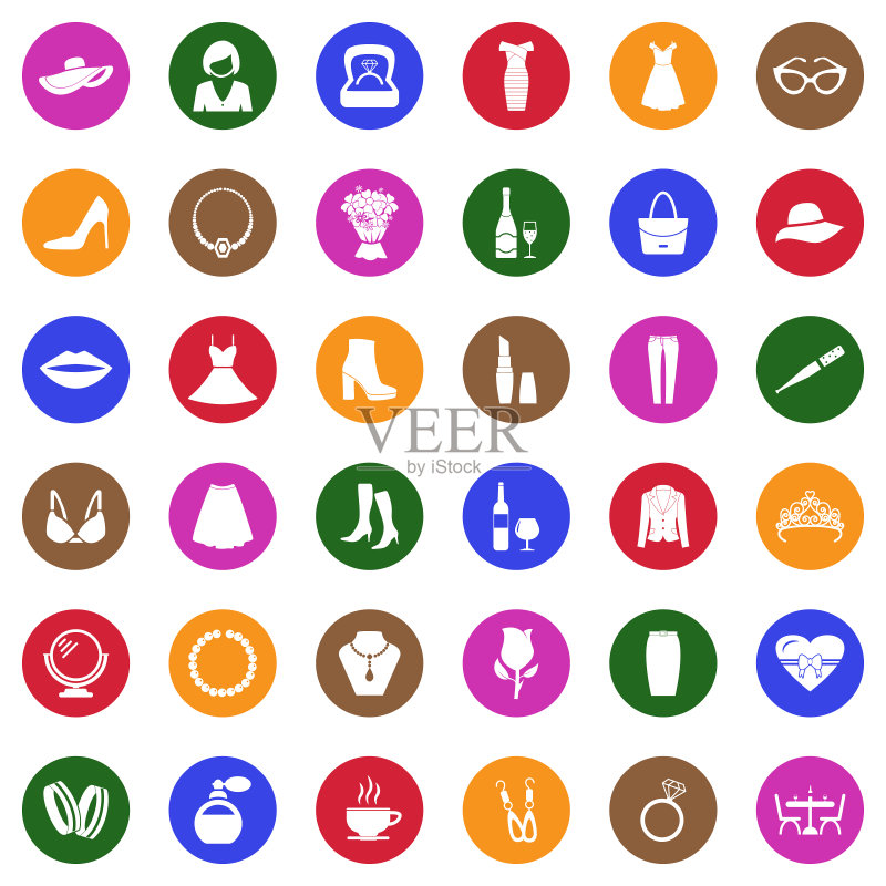 女士图标。圆形白色扁平设计。矢量图图标素材