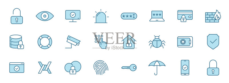 白色背景上的双色线性安全矢量图标:用于网页设计、UI、移动应用和印刷的安全蓝色图标集图标素材