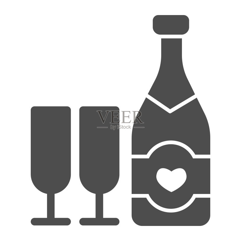 香槟酒杯、香槟瓶,情人节概念,白色背景上两个酒杯中的气泡酒,节日酒精饮料图标,矢量图形图标素材