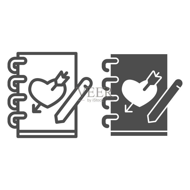 女孩的爱情日记、铅笔线条图标,情人节概念,带爱心符号的笔记本背景,记事本浪漫图标,矢量图形图标素材