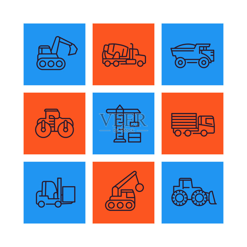 建筑车辆线性图标集:重型机械、挖掘机、卡车、装载机矢量标志图标素材