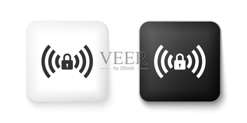 白色背景上隔离的黑白Wifi锁定标志图标。密码Wi-fi符号。无线网络图标。Wifi区域。方形按钮。矢量图标素材