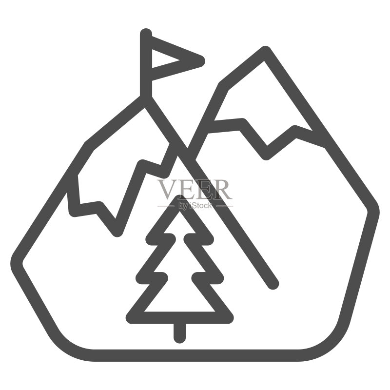 雪山线条图标:世界滑雪板日概念,白色背景上的冬季山脉标志,带有旗帜的雪山轮廓风格图标,适用于移动和网页设计。矢量图形图标素材