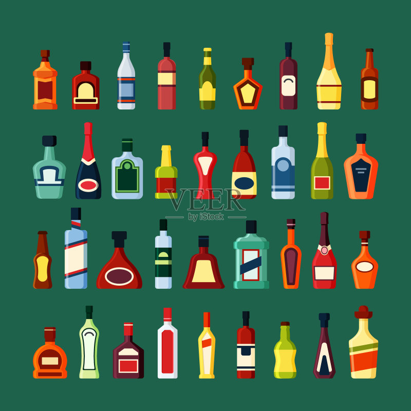 时尚的酒精容器玻璃瓶套装图标素材