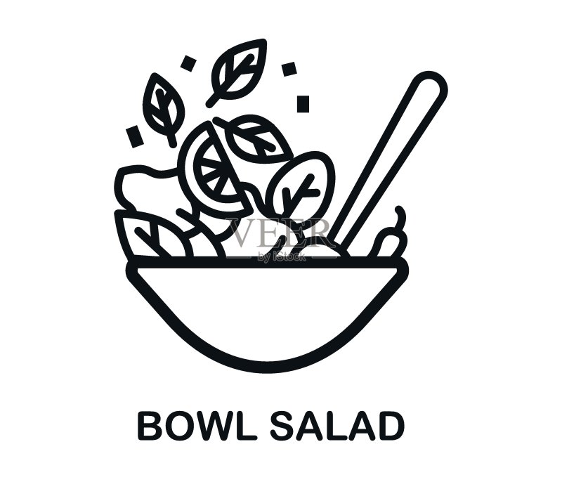 碗装沙拉细线图标:健康食品,沙拉吧现代矢量图图标素材