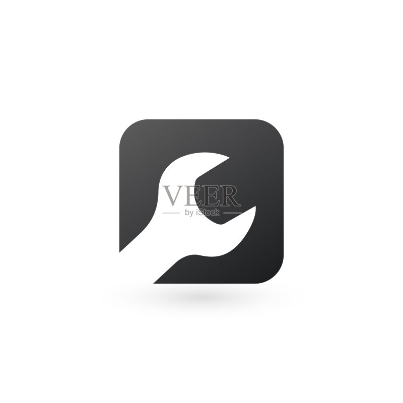 扳手网页按钮或Logo,维修车间定制按钮,技术工具图标,设备标签。库存矢量插图,白色背景隔离。图标素材