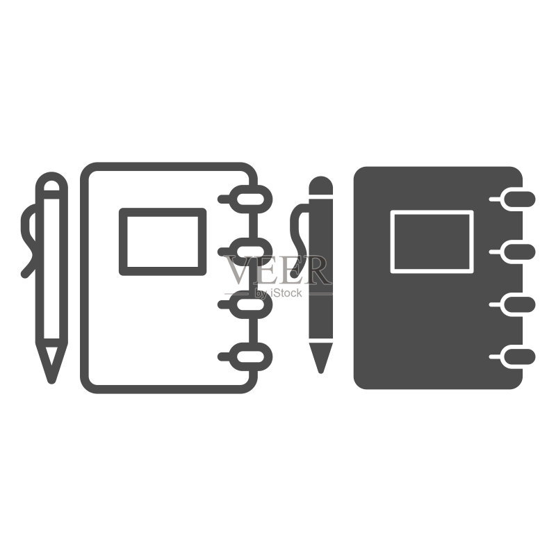 笔记本和笔图标,线性和实体矢量图图标素材