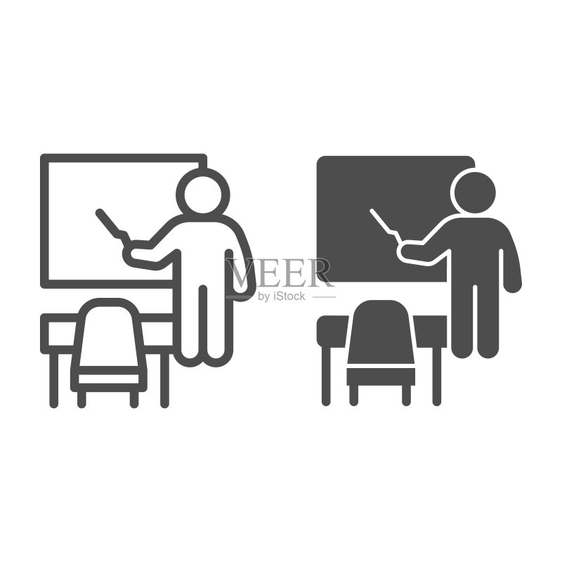 老师在黑板和桌子旁边的线性图标,学校概念,老师用指针和白板在白色背景上的标志,学生,网络设计的粉笔板轮廓图标,矢量图形图标素材