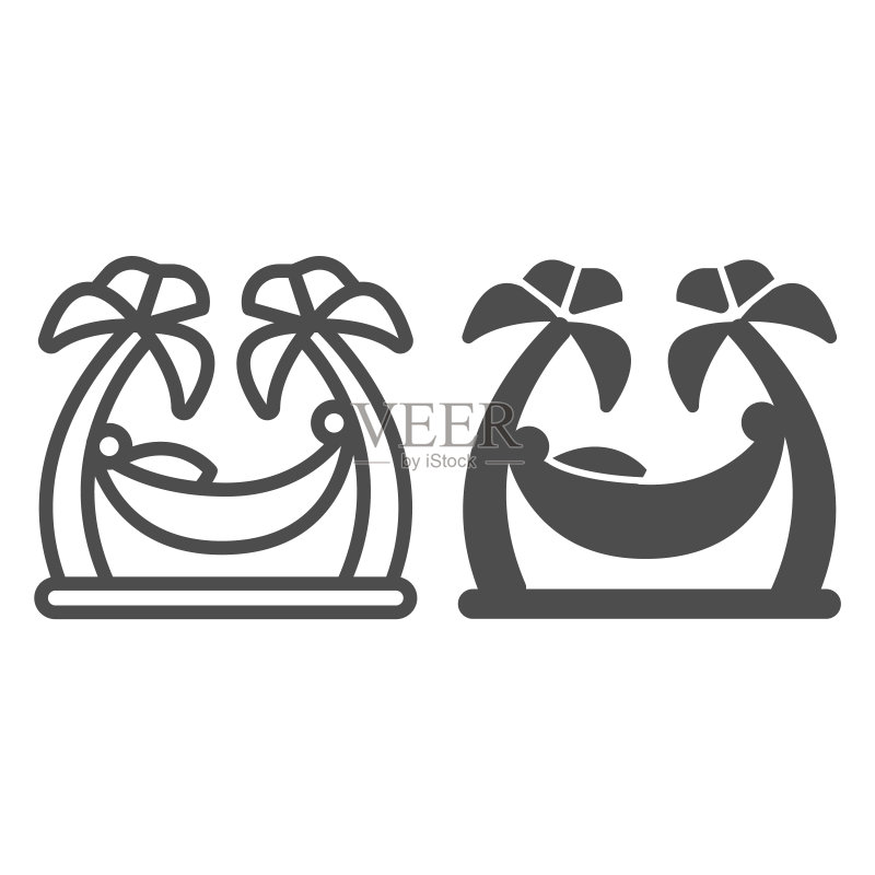 棕榈树间的吊床线条图标,水上乐园概念,白色背景上的海滩吊床标志,男人在吊床上的轮廓风格图标。矢量图形图标素材