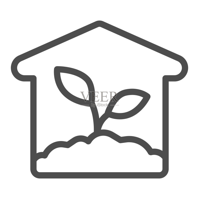 温室线条图标,农场花园概念,白色背景上的温室建筑标志,用于移动概念和网页设计的温室植物轮廓图标。矢量图形。图标素材