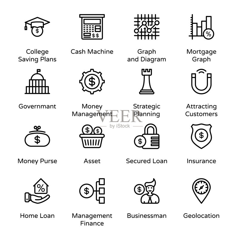 银行和金融轮廓图标 - 描边矢量图图标素材