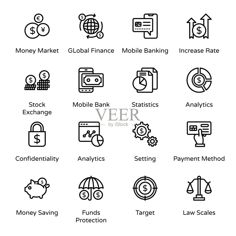 银行和金融轮廓图标 - 描边矢量图图标素材