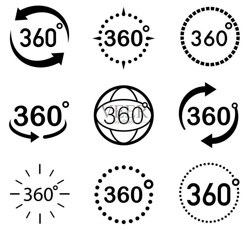 360度视角矢量图标集。指示旋转或全景360度的箭头标志。矢量图标符号。矢量图示。图标素材