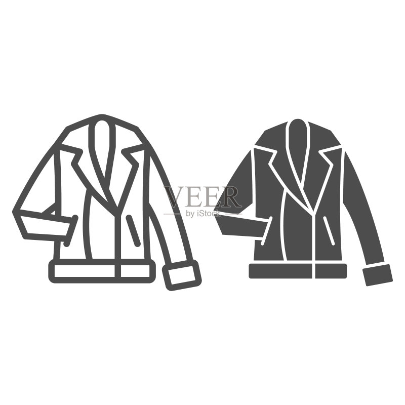 男士冬季外套线条和实体图标,冬季服装概念,白色背景上的冬季夹克标志,移动概念和网页设计的翻领保暖外套图标,矢量图形。图标素材