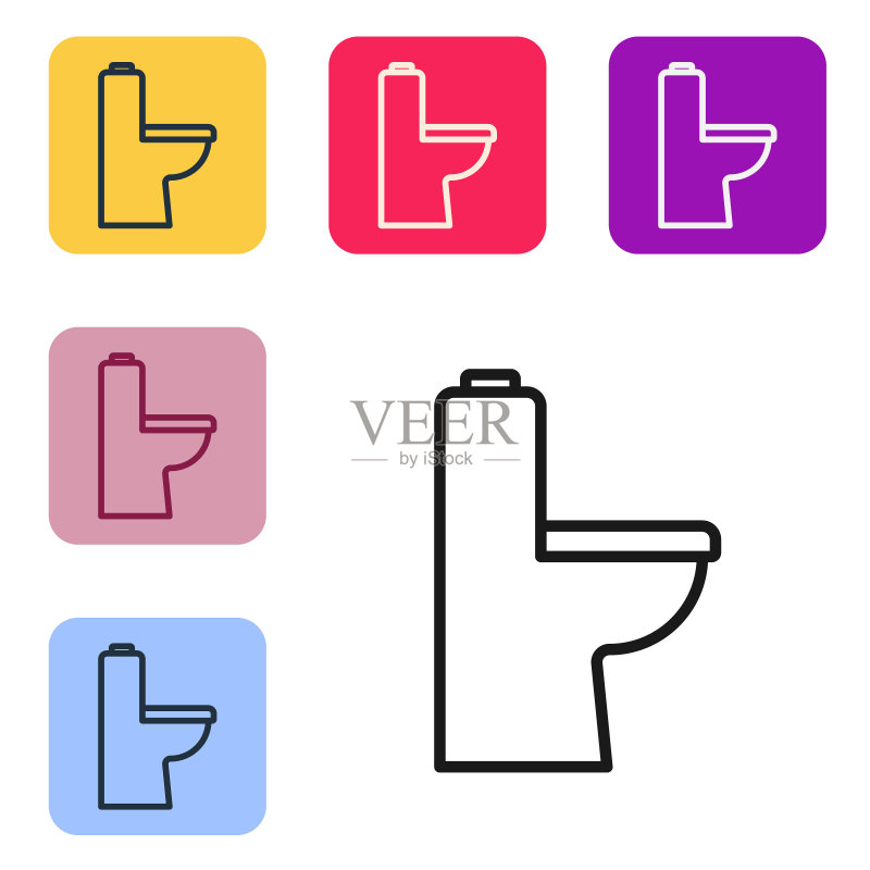 白色背景上的马桶黑色线条图标彩色方块按钮矢量图图标素材