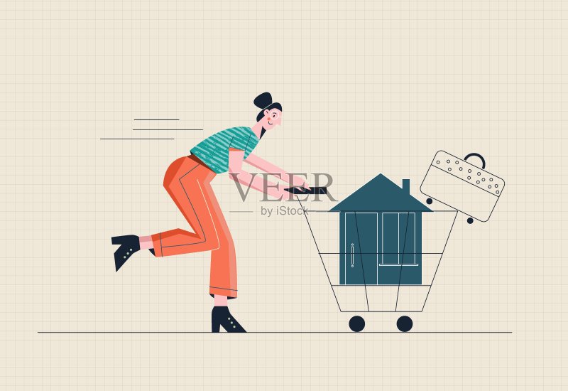买房子或公寓抵押概念女人与房子和行李箱运行在超市手推车平面矢量插图正版插画素材
