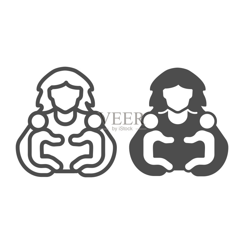 母亲和两个孩子线条和实心图标,母亲节概念,白色背景上的父母之爱标志,母亲抱着两个孩子的轮廓风格图标,用于移动和网页设计。矢量图形图标素材