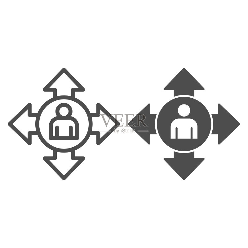 人类头像和箭头线性图标:社交疏离概念,白色背景社交沟通标志,圆圈人物箭头向外轮廓样式,矢量图形图标素材