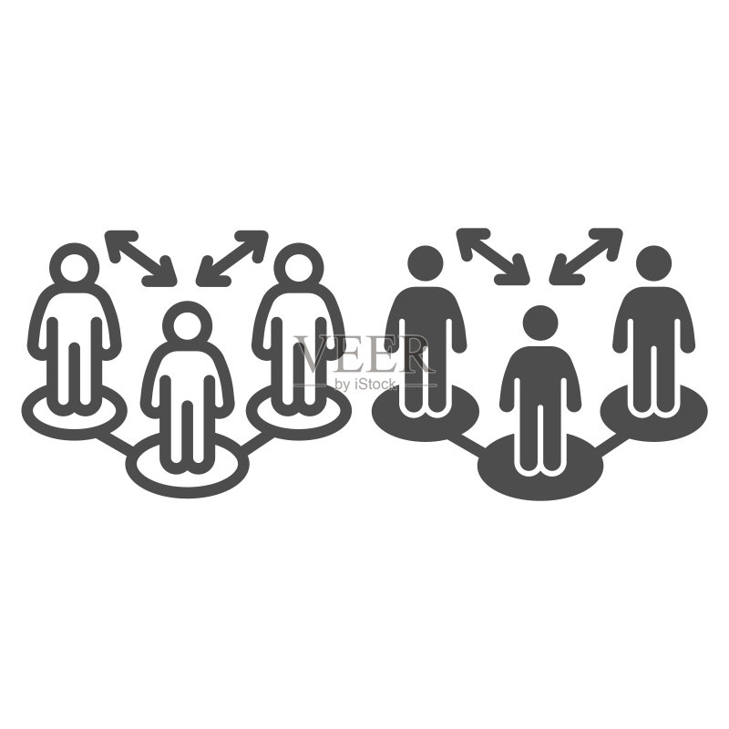 群体排队中的社交距离:保持距离概念,三人之间距离限制标志,避免聚集,保持安全图标素材