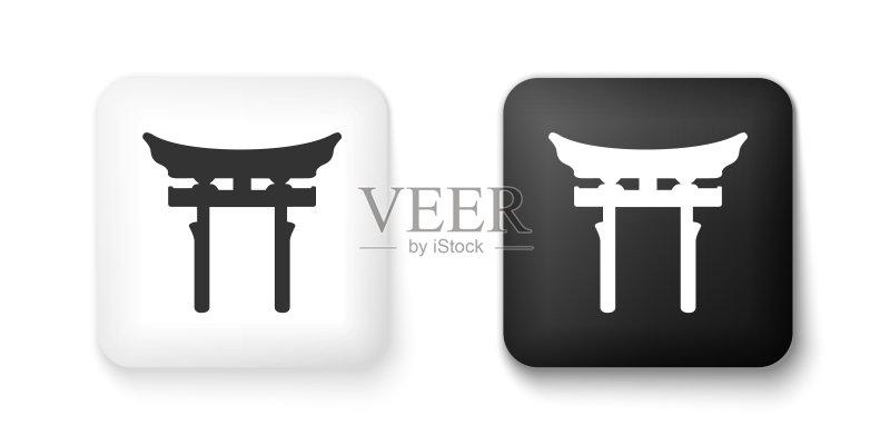 白色背景上的黑白日本鸟居图标,传统日式经典大门标志,方形按钮矢量图图标素材