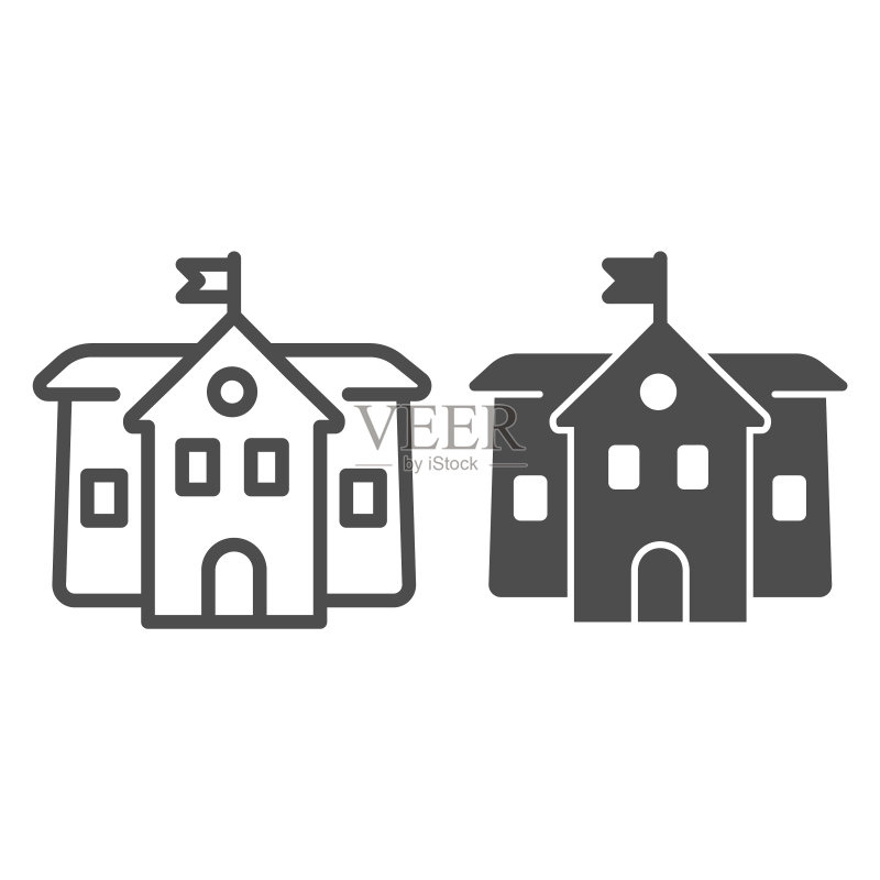中学线性和实体图标,教育概念,白色背景上的中学标志,移动概念和网页设计的轮廓风格建筑图标。矢量图形。图标素材