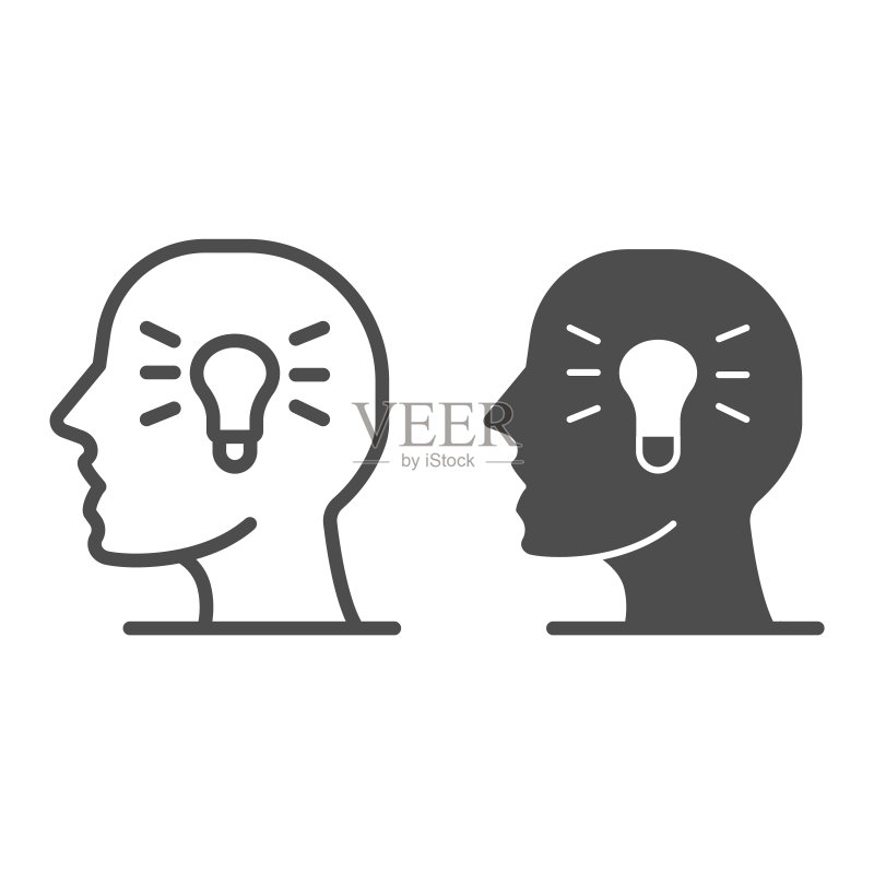 带灯泡线条和实体图标的人头,教育理念,白色背景上的创意过程标志,移动概念和网页设计的轮廓风格的创意图标。矢量图形。图标素材
