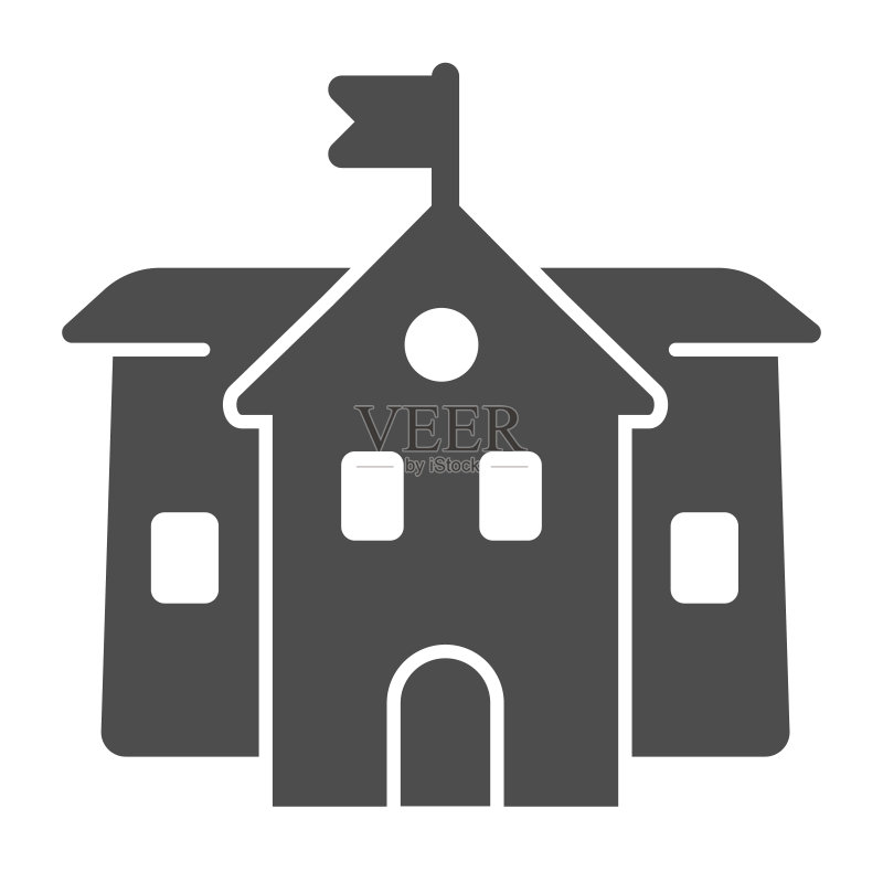 中学实体图标,教育概念,白色背景上的中学标志,用于移动概念和网页设计的字形样式建筑图标。矢量图形。图标素材