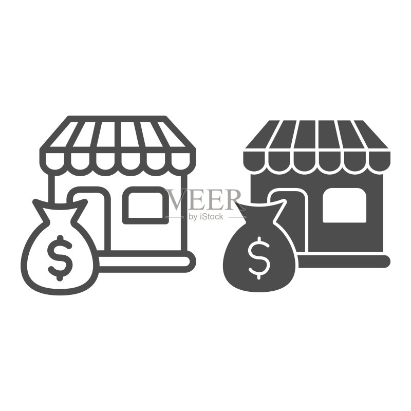 商店和钱袋线性及实体图标:购物概念矢量素材图标素材