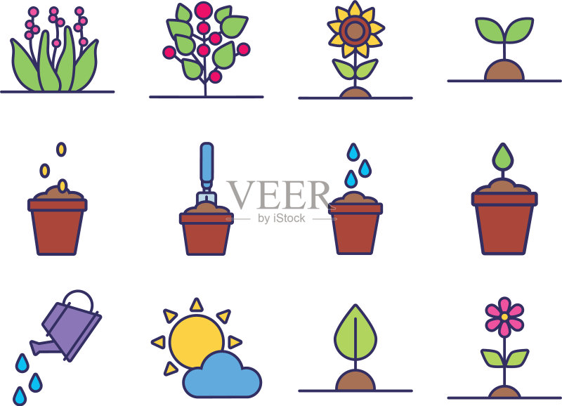 植物生长线条填充风格合集图标素材