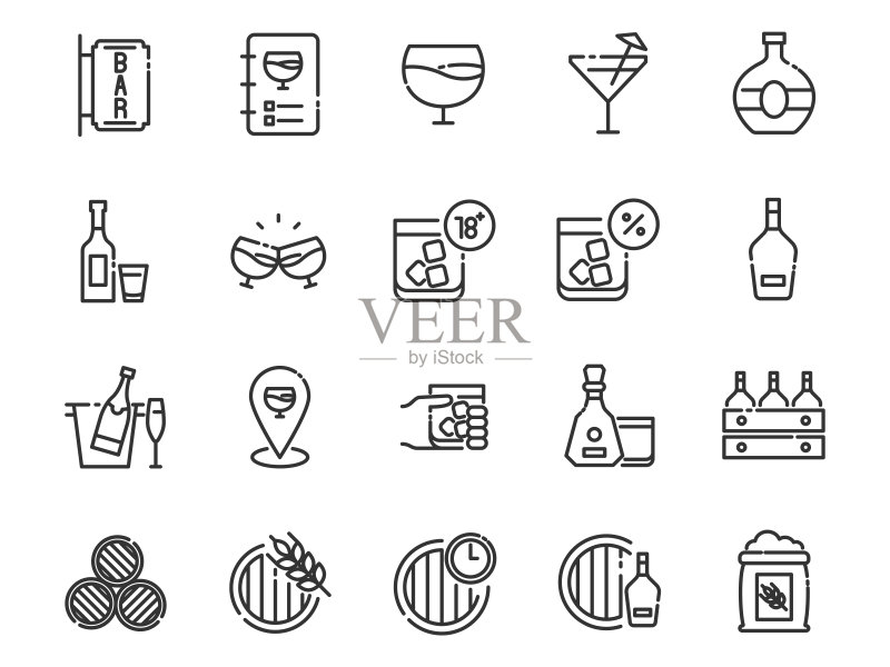 酒精细线图标合集:饮品、酒吧和酒馆图标素材