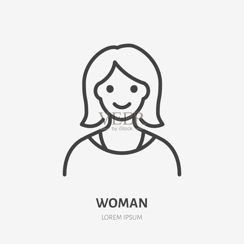 女性扁平线条图标:女士头像矢量轮廓插画,黑色细线条代表默认头像图标素材