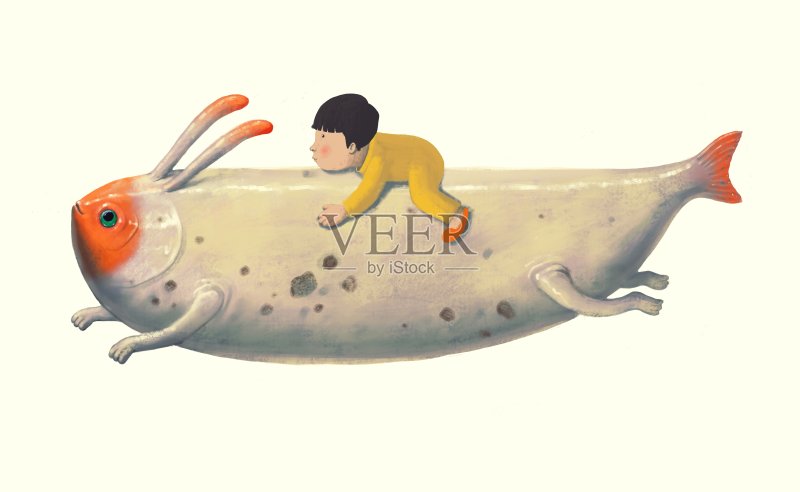 可爱的男孩骑着红色的鱼孤立在白色的背景。手绘插图。有趣的动物人物,绘画艺术品,3d艺术正版插画素材