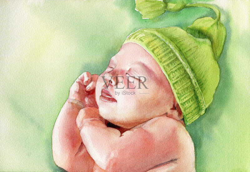 一个戴着帽子的新生儿的肖像。一个婴儿的水彩画肖像。正版插画素材