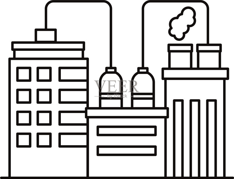工厂建筑物和烟囱线条风格图标素材