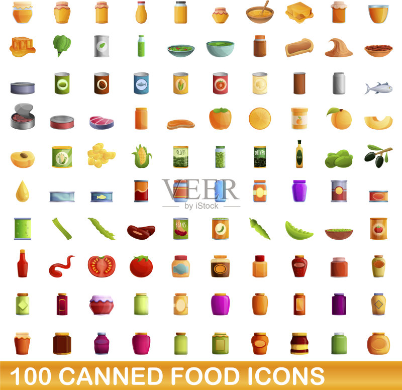 100个卡通风格罐头食品图标合集图标素材
