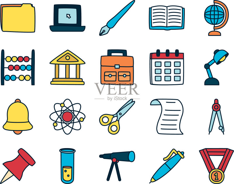 望远镜和学校用品填充图标集图标素材