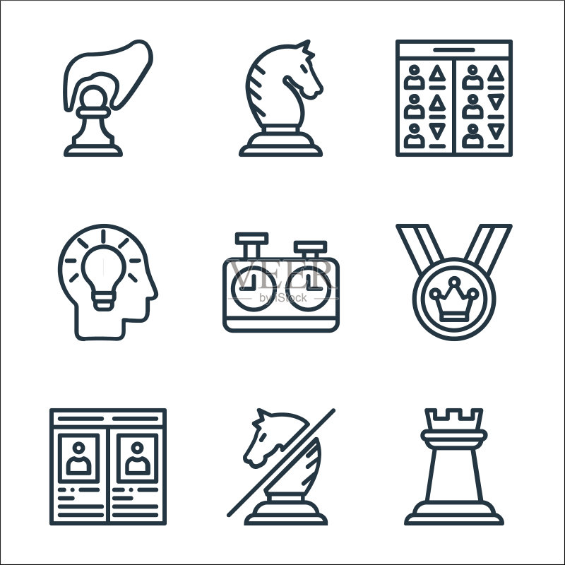 国际象棋游戏线性图标集图标素材