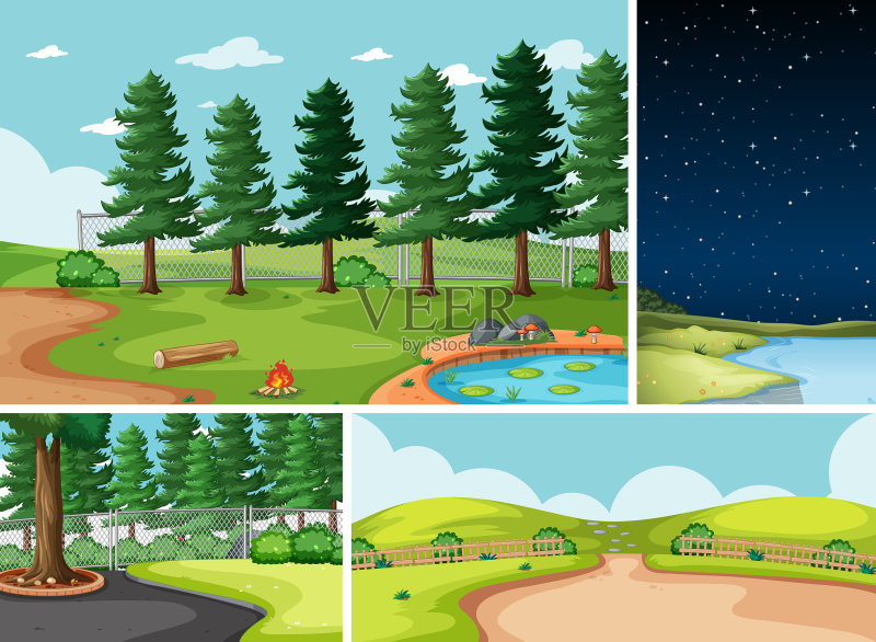 卡通自然场景中的四个不同场景图标素材