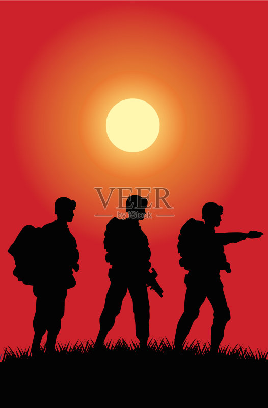 日落场景中的士兵剪影图标素材