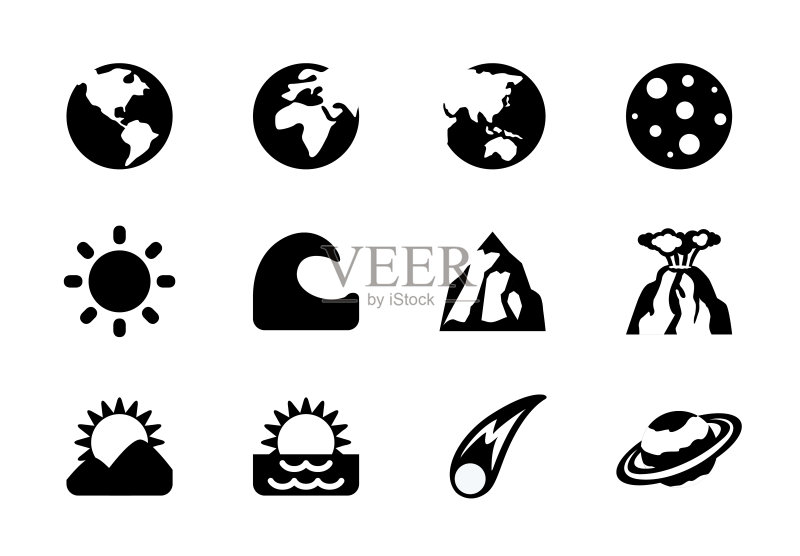 太空相关矢量图标集:地球、月球、土星、行星、海浪、太阳、地平线、陨石图标素材
