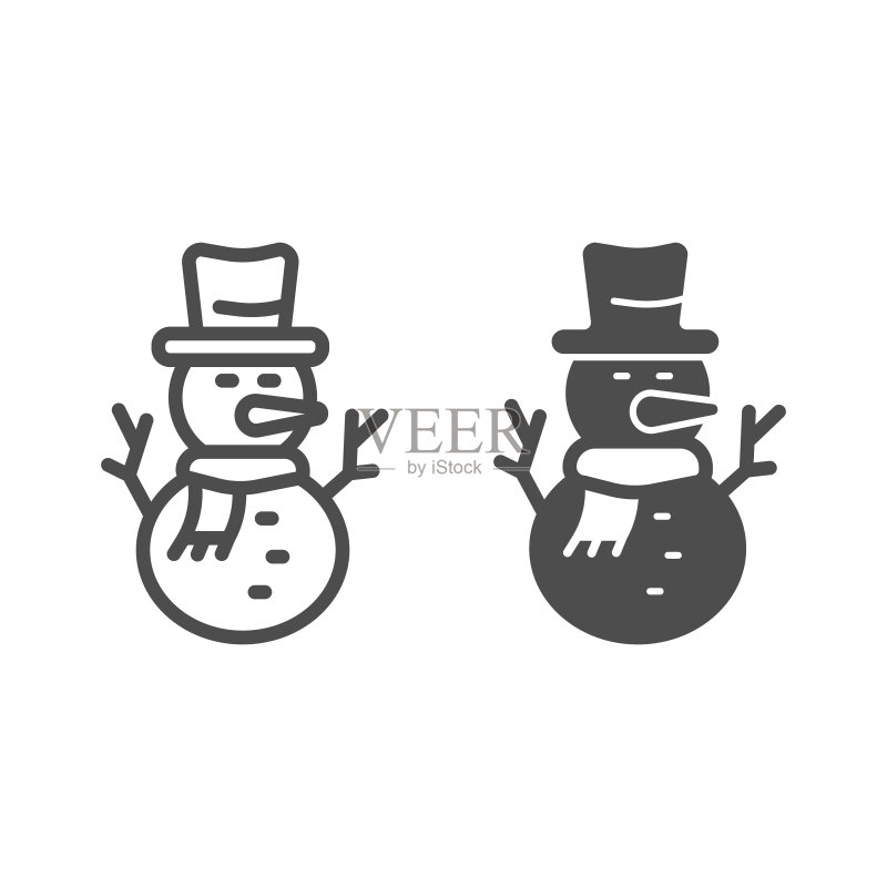 戴帽子围巾的雪人线性图标,冬季雪人概念,白色背景上的雪人标志,用于移动概念的网络设计的冬季雪人轮廓图标,矢量图形。图标素材