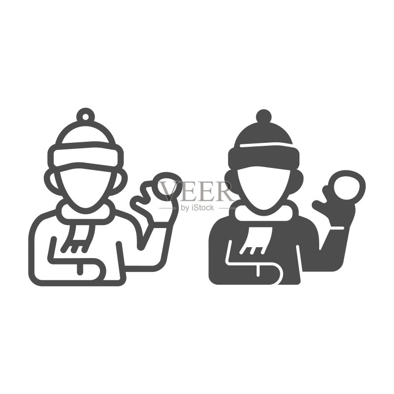 戴帽子和围巾的男孩玩雪球,冬季概念图标素材